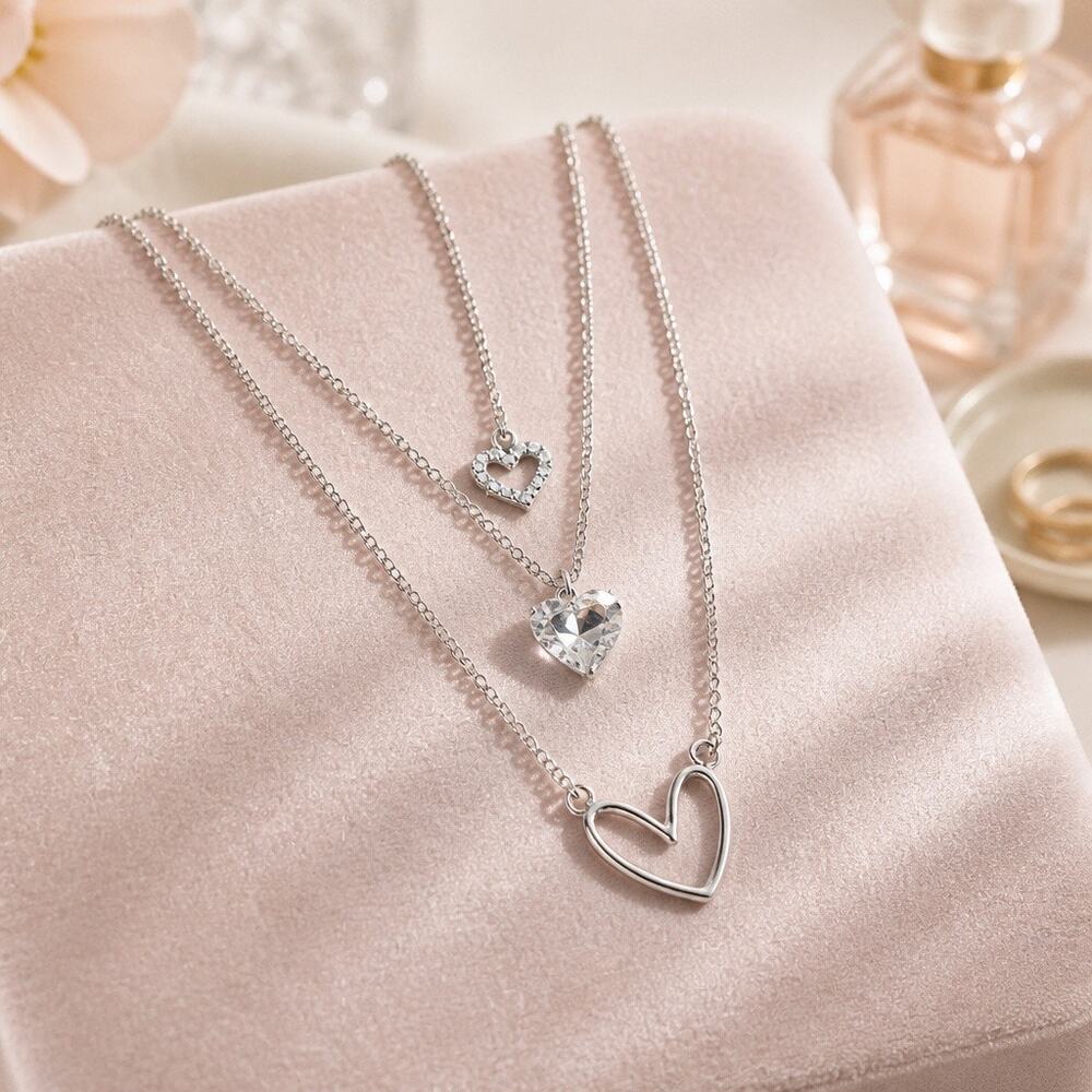 Vintage Triple Heart Pendant Long Necklace